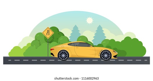 Travel By Car, Planning Summer Vacations. Trip On A Sports Car On A Country Road. Sign Of Narrowing And Road Way, Direction Of Movement On Asphalt Route, Highways, Ascents, Turns. Vector Illustration.