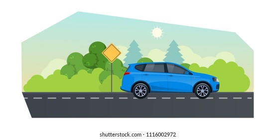 Travel by car, planning summer vacations. Trip on a hatchback car on country asphalt road. Travel by car, highways, priority road signs on roads with bends, ascents, turns. Vector illustration.