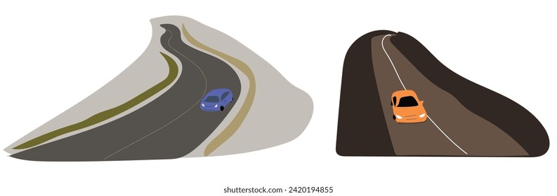 Travel by car, planning summer vacations. Trip on a sports car on a country road. Sign of narrowing and road way, direction of movement on asphalt route, highways, ascents, turns. Vector illustration.