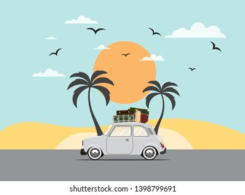 Travel by car. Road trip. Time to travel, tourism, summer holiday. Flat design vector illustration
