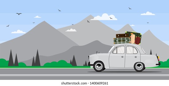 Travel by car. Road trip. Time to travel, tourism, summer holiday. Flat design vector illustration