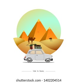 Travel by car. Road trip. Time to travel, tourism, summer holiday. Egyptian great pyramids in the desert. Flat design vector illustration
