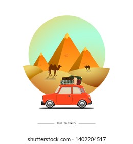 Travel by car. Road trip. Time to travel, tourism, summer holiday. Egyptian great pyramids in the desert. Flat design vector illustration