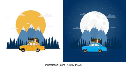 Travel by car. Road trip. Time to travel, tourism, summer holiday, day and night. Flat design vector illustration