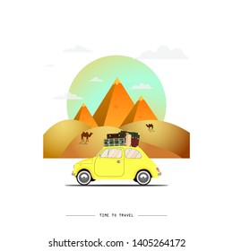 Travel by car. Road trip. Time to travel, tourism, summer holiday. Egyptian great pyramids in the desert. Flat design vector illustration
