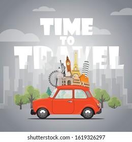 Travel by car. Road trip. Time to travel, tourism, summer holiday. Different types of journey. Flat design vector illustration