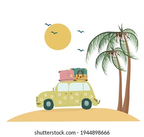 Travel by car. Road trip. Travel around the world, tourism, summer holidays. Flat Cartoon vector design illustration.