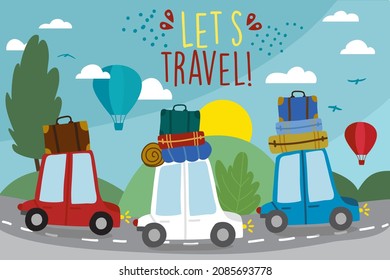 Travel by car. Road trip. Time to travel, tourism, Holiday Season. Flat design vector illustration. Cartoon mountains landscape. Vacation.