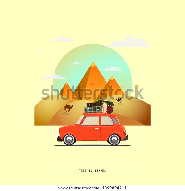 Travel by car. Road trip. Time to travel,\
tourism, summer holiday. Egyptian great pyramids in the desert.\
Flat design vector\
illustration