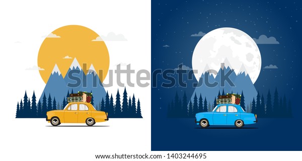 Travel by car.\
Road trip. Time to travel, tourism, summer holiday, day and night.\
Flat design vector\
illustration