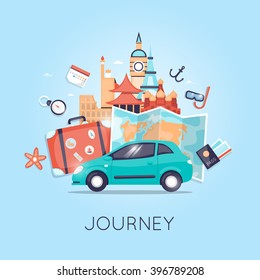 Travel by car Russia, USA, Japan, France, England, Italy. World Travel. Planning summer vacations. Summer holiday. Tourism and vacation theme. Flat design vector 