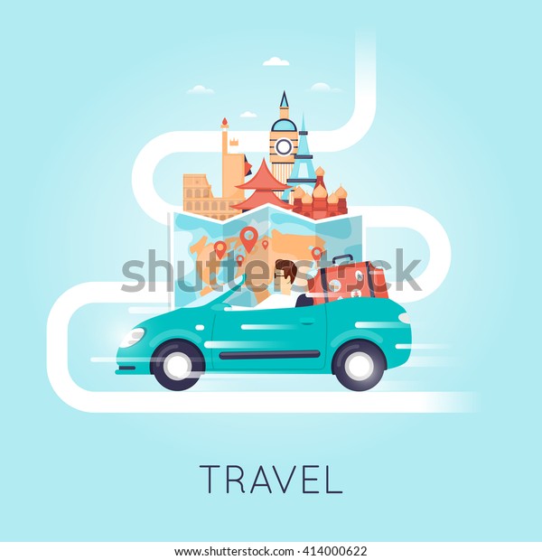 Travel by car Russia, USA, Japan, France,\
England, Italy. World Travel. Planning summer vacations. Tourism.\
Flat design vector\
illustration