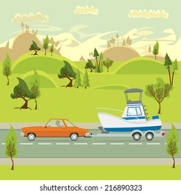 travel by car to the sea. boat on the trailer. towing a boat on the sea. transportation of boats. vector illustration.