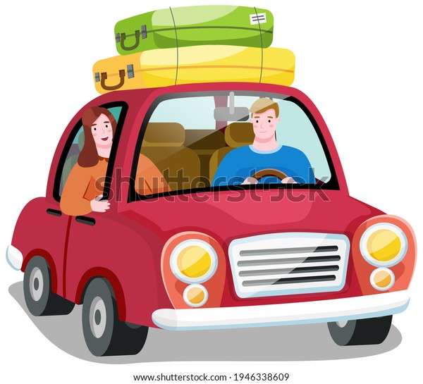 Travel by car in search of new\
adventures, happy family in automobile with luggage driving on\
road