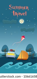 Travel by car with Summer travel text tourism design brochure with retro car, kite, camp tent on night background vector illustration