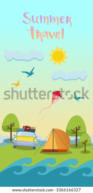 Travel by car with Summer travel text\
tourism design brochure with retro car, kite, sun, camp tent and\
sea vector illustration
