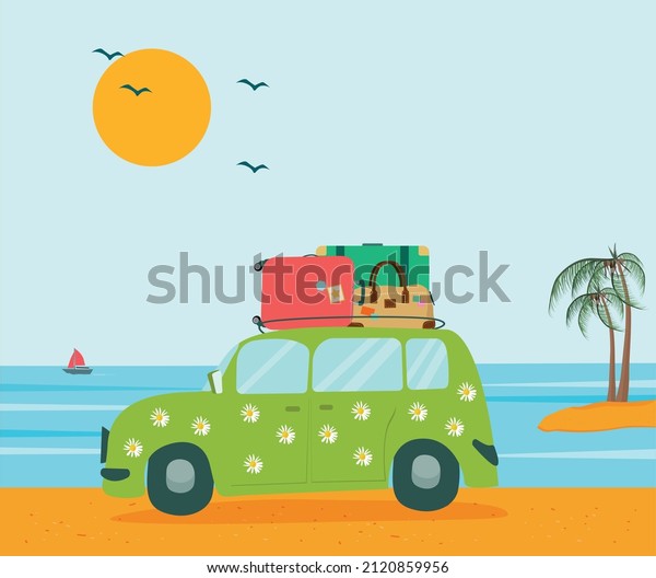 Travel by car. Tourism,\
recreation, recreation at sea. Seascape and cartoon car. Vector\
illustration.
