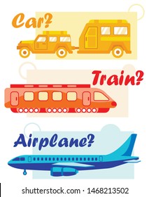 Travel by Car with Trailer, Train, Airplane Banner. Ground and Air Transportation for Traveling or Logistics Service. Holidays Trip, Vacation, Transport, Vehicle. Cartoon Flat Vector Illustration