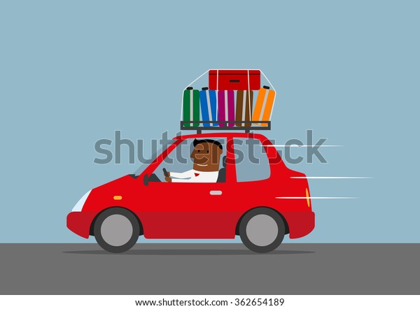 Travel by car, vacation or weekend journey\
concept. Happy relaxed businessman traveling by red car with\
luggage. Vector\
illustration
