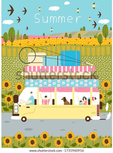 \
Travel by\
car. Vector cute illustration with car, nature, sunflowers, birds\
for print, postcard, poster,\
banner.