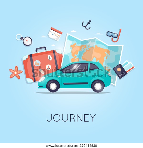 Travel by car. World Travel. Planning\
summer vacations. Summer holiday. Tourism and vacation theme. Flat\
design vector\
illustration.