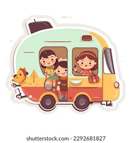 Travel by caravan for adventure. Summer holidays and camping. Family trip. Cartoon vector illustration. label, sticker, t-shirt printing