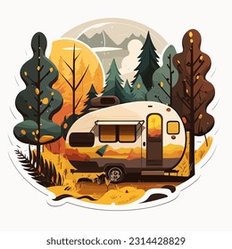 Travel by caravan for adventure. Summer holidays and camping. Family trip. Cartoon vector illustration. label, sticker, t-shirt printing