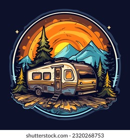 Travel by caravan for adventure. Summer holidays and camping. Family trip. Cartoon vector illustration. label, sticker, t-shirt printing