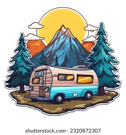 Travel by caravan for adventure. Summer holidays and camping. Family trip. Cartoon vector illustration. label, sticker, t-shirt printing