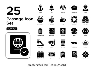 Travel by Cruise. Sea Exploration, Vacation Destinations, and Tourism Icons. Vector Illustration. Glyph solid icon set