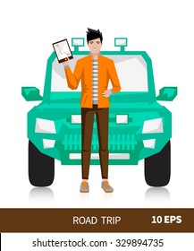Travel by jeep in a flat style A handsome man with a phone card online. Illustration vector.