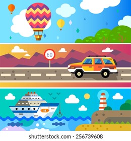 Travel by land, sea and air. Vector flat Travel by land, sea and air. Balloon, Jeep , Ship. Landscapes with mountains and sea. World of discovery. Vector flat  illustrations and background