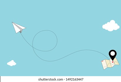 Travel by paper plane  with world map and flight route, vector illustration