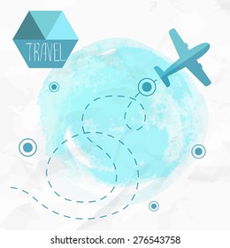 Travel by plane. Airplane on his destination route. Watercolor blue background and flat style airplane.