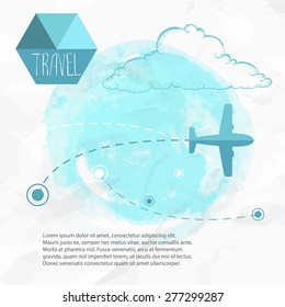 Travel by plane. Airplane on his destination routes. Watercolor blue background and flat style airplane. hand drawn sketch style cloud. Air traffic vector illustration.