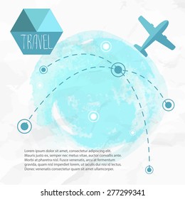 Travel by plane. Airplane on his destination routes. Watercolor blue background and flat style airplane. Air traffic vector illustration.