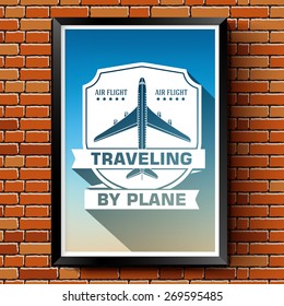Travel by plane logo or label template  with blurred background on brick wall. Vector illustration with shape a ribbon isolated icons for your product or design, web and mobile applications with text.