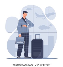 Travel by plane. Man with briefcase and suitcase stands and looks at his watch. Young guy waiting for his flight, vacation and adventure, airport window, indoor. Cartoon flat vector illustration