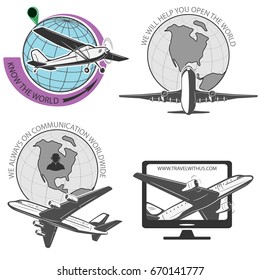 Travel by plane, quickly and safely.
A set of labels for advertising companies for air transportation.
Large airliner and small biplane