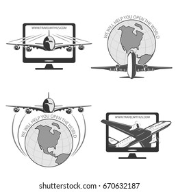 Travel by plane, quickly and safely.
A set of labels for advertising companies for air transportation.
Large airliner and small biplane
