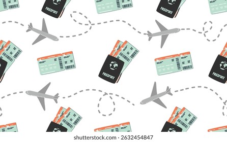 Travel by plane seamless pattern. Passport with boarding tickets and an airplane with a flight path. Blue, grey, orange colors on white background. Vector design for banner, cover, wallpaper.