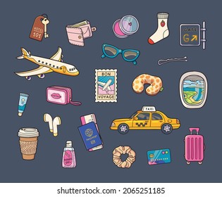 Travel by plane. Stickers collection of things for the journey. 
