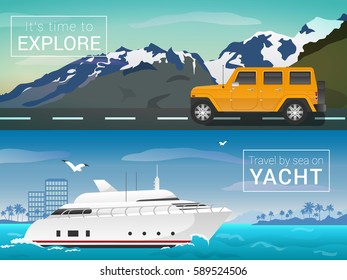 Travel by sea and land. Yacht in the bay of tropical islands. Jeep in the mountains on the road. Tourism vector banner