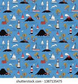 Travel by sea. Seamless pattern with lighthouses and ships.