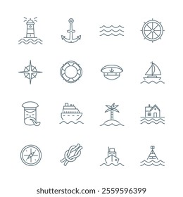 Travel by Sea Sign Black Thin Line Icon Set Include of Lighthouse, Boat, Palm, Sailor and Compass. Vector illustration of Icons