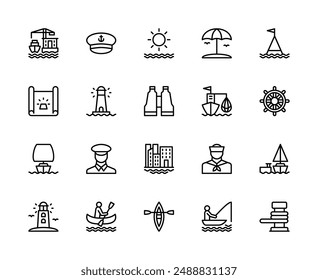 Conjunto de iconos lineales de viaje por Vector marítimo. Contiene iconos como crucero, viaje por mar, barco, puerto, puerto, olas, mar, grifo, gorra, sol y más. Icono aislado colección de crucero sobre fondo blanco.