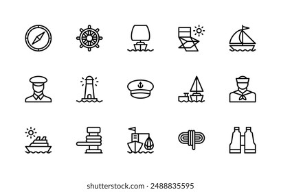Travel by sea vector linear icons set. Isolated icon collection such as compass, steering wheel, sailboat, travel by sea, yacht, water, waves and more. Isolated icon collection of cruise related.