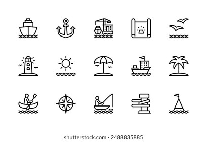 Travel by sea vector linear icons set. Isolated icon collection such as travel by sea, cruise, ship, waves, sea, anchor, port, sea ​​transport and more. Isolated icon collection of cruise related.