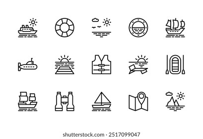 Conjunto de iconos lineales de Vector de viaje por mar. Colección de iconos aislados como crucero, barco, Sun, Lifebuoy, horizonte, rayos, nube, pájaros, paisaje marino y más. Icono aislado de colección de crucero relacionado.