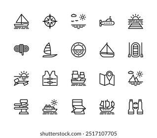 Conjunto de iconos lineales de Vector de viaje por mar. Contiene iconos como velero, crucero, yate, brújula, paisaje marino, sol, rayos, viaje por mar y más. Colección aislada del icono del crucero en el fondo blanco.